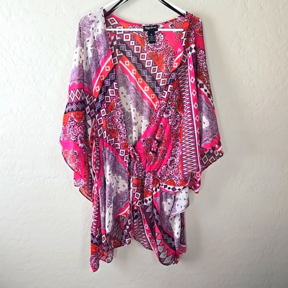 Maggie Barnes Bohemian Open Cardigan 2X Multicolor Kimono Sleeve Tie Waist - Picture 9 of 11